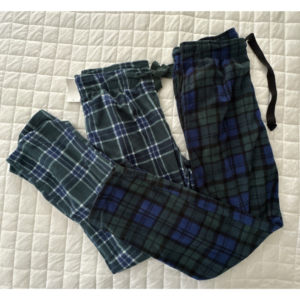 BERKLEY JENSEN Lot 2 Mens Pajama Pants Medium Blue Plaid Fleece Drawstring